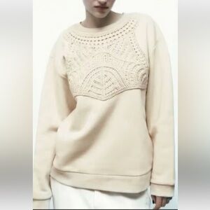 Zara Beige Sweatshirt  with Crochet Detail. Large